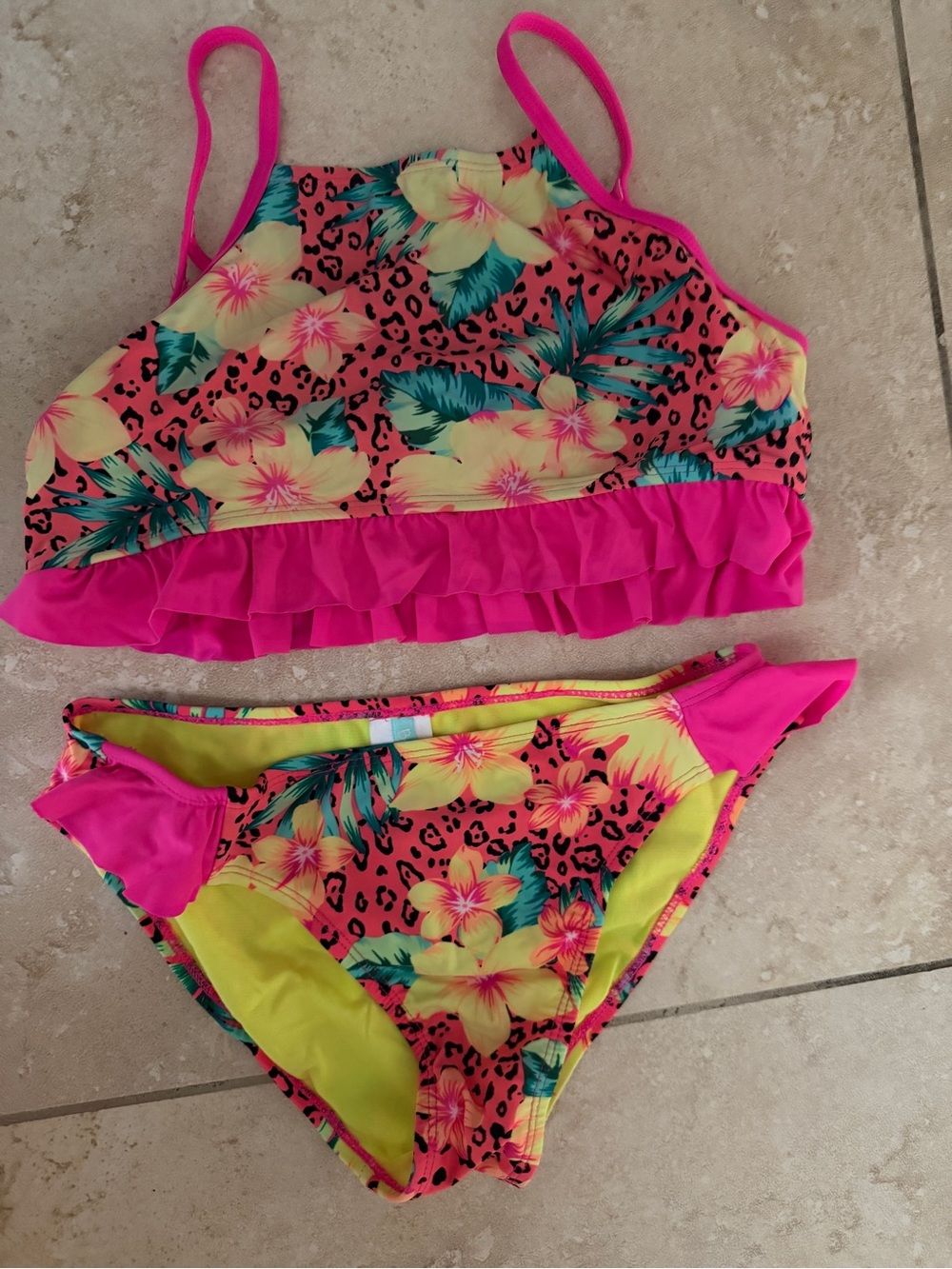 Girls' Neon Pink Tropical Ruffle Bikini Set